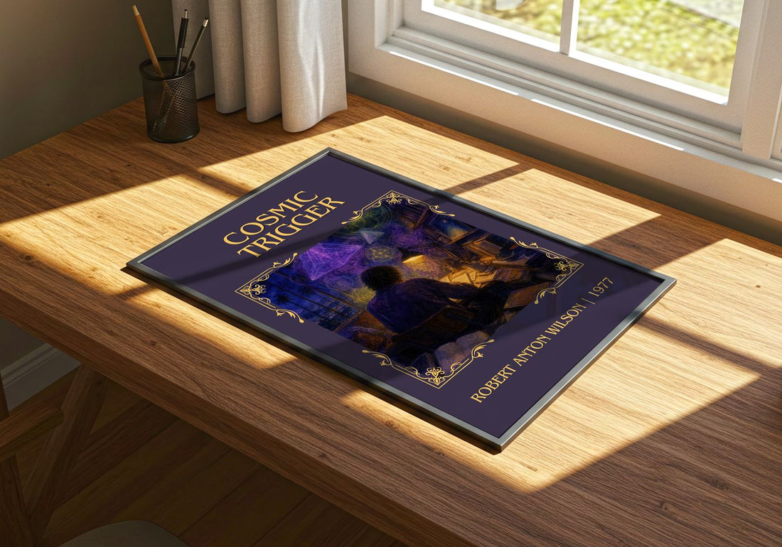 Cosmic Trigger Classic Book Art Print by Robert Anton Wilson – print on a sunlit desk