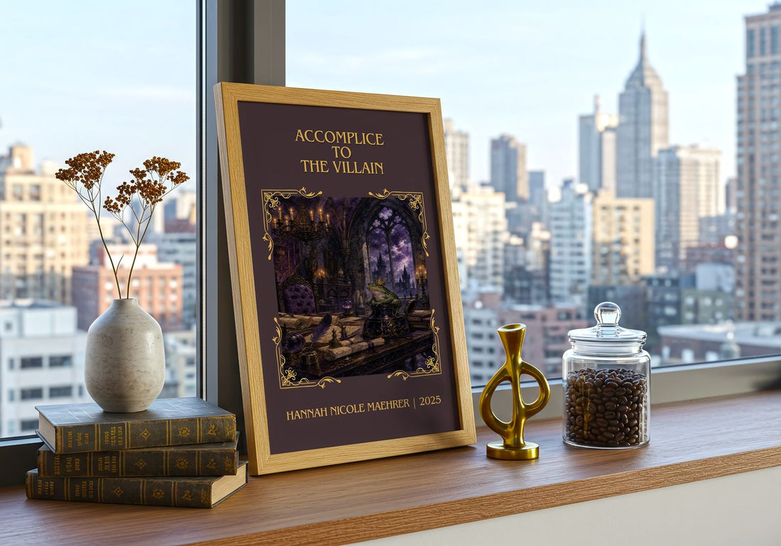 Accomplice to the Villain Classic Book Art Print by H. Maehrer – framed print on a city-view windowsill