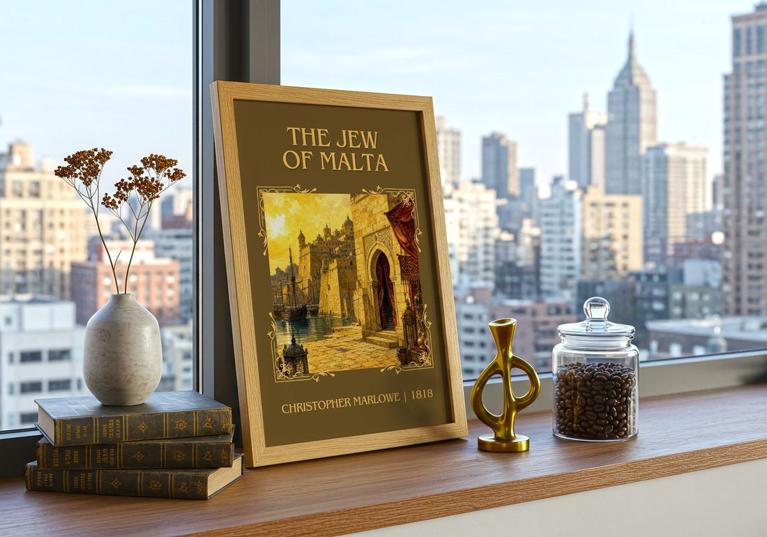 The Jew of Malta Classic Book Art Print by Christopher Marlowe – framed print on a city-view windowsill