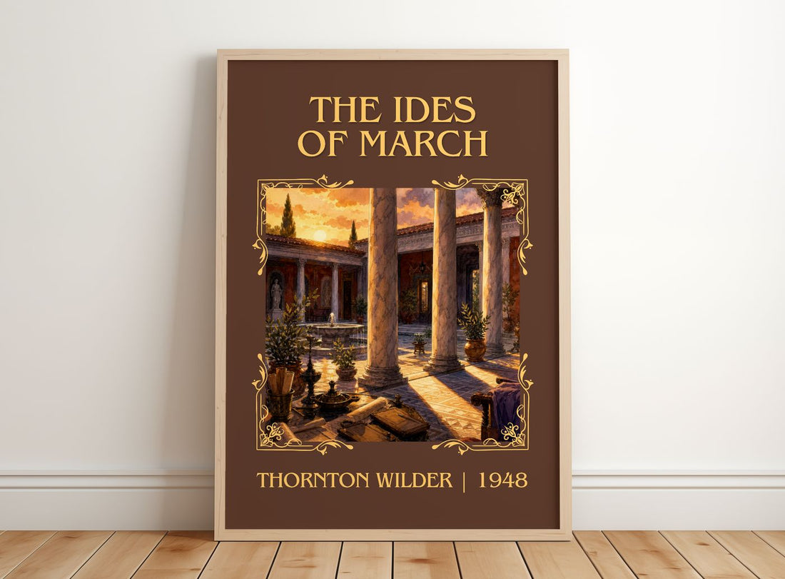 The Ides of March Classic Book Art Print by Thornton Wilder – framed print leaning on a wooden floor