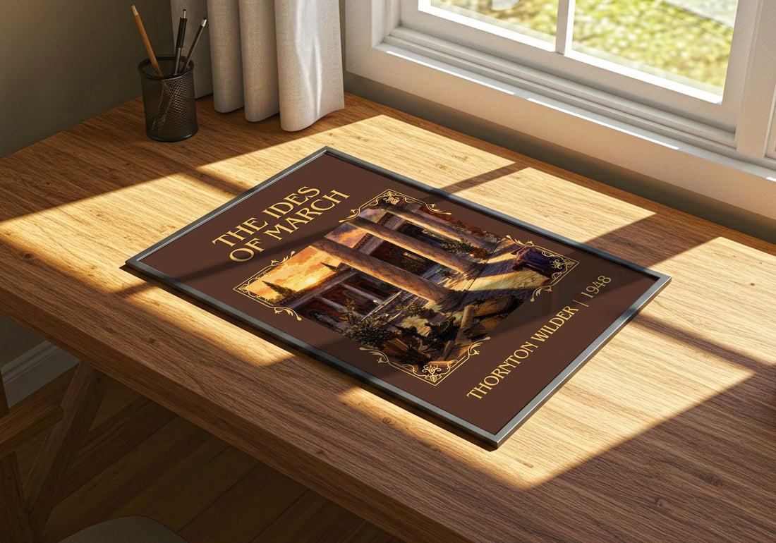 The Ides of March Classic Book Art Print by Thornton Wilder – print on a sunlit desk