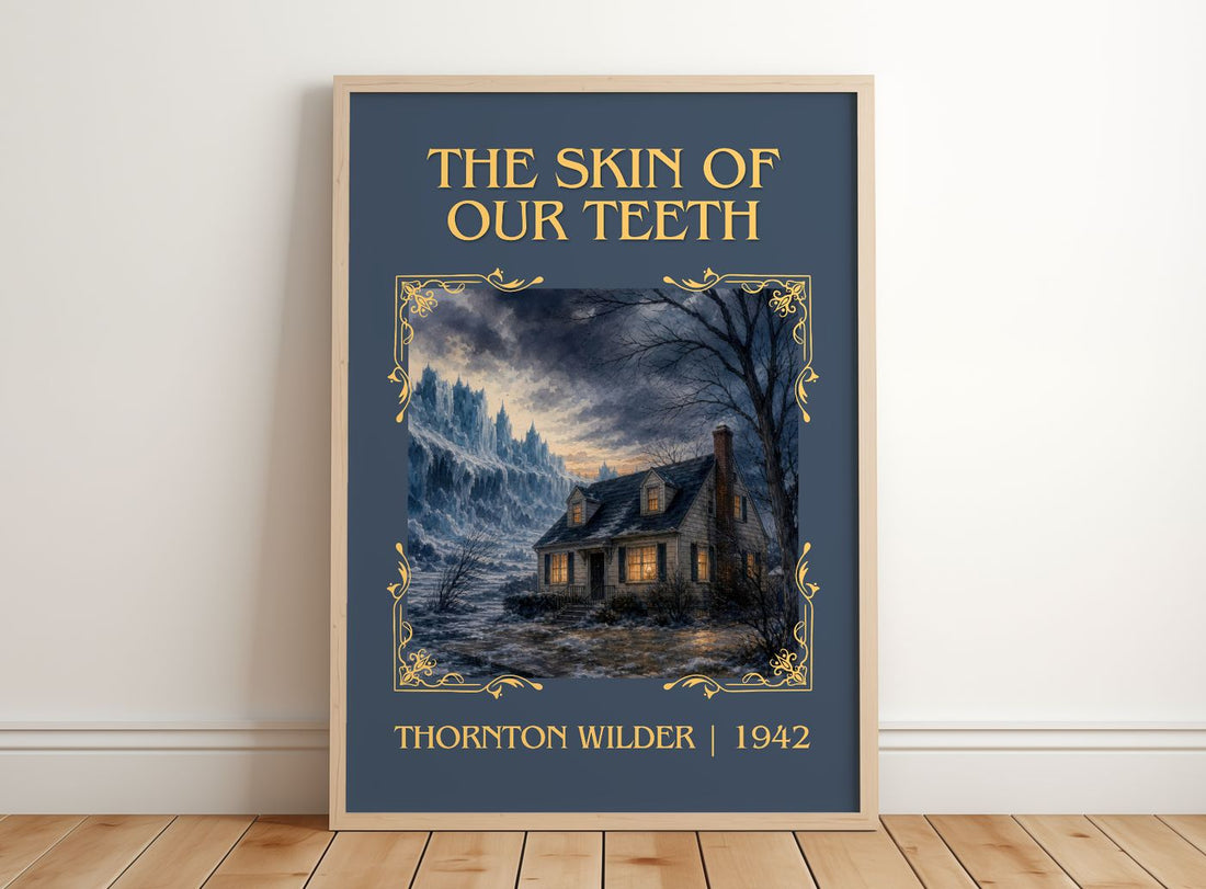The skin of our teeth Classic Book Art Print by Thornton Wilder – framed print leaning on a wooden floor