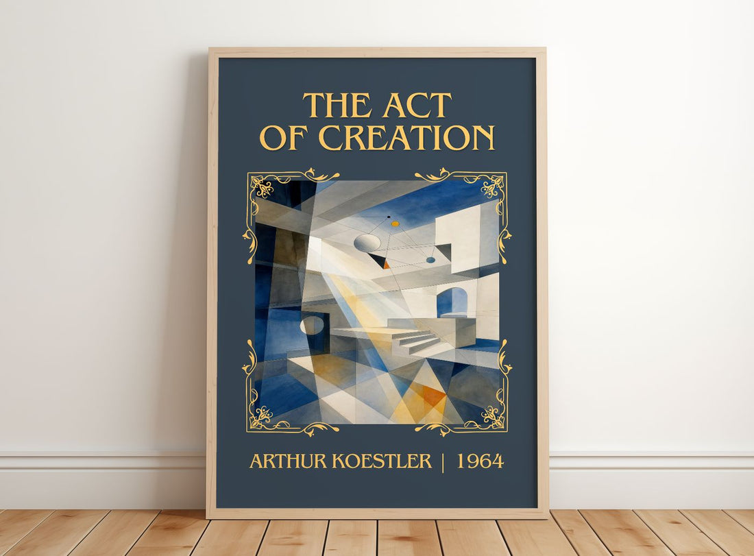 The act of creation Classic Book Art Print by Arthur Koestler – framed print leaning on a wooden floor