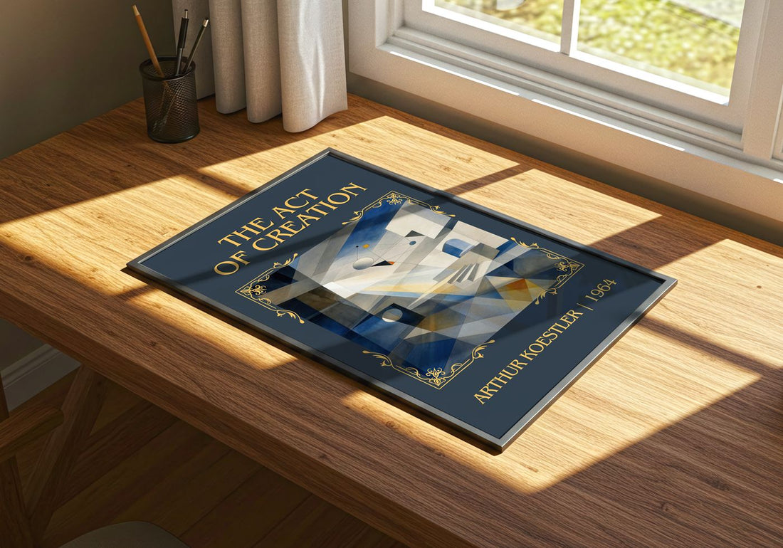 The act of creation Classic Book Art Print by Arthur Koestler – print on a sunlit desk