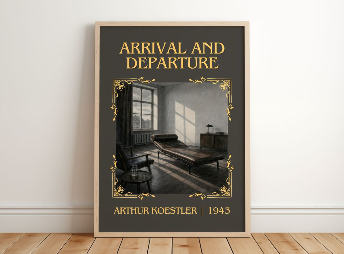 Arrival and Departure Classic Book Art Print by Arthur Koestler – framed print leaning on a wooden floor