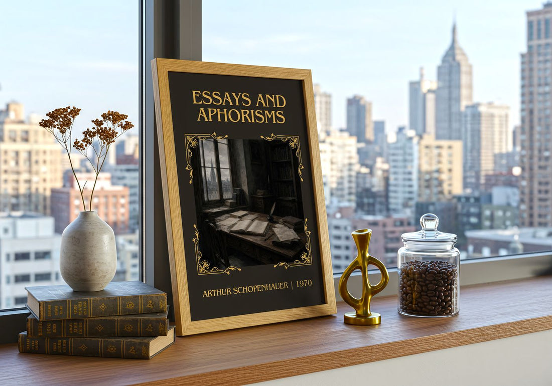 Essays and aphorisms Classic Book Art Print by Arthur Schopenhauer – framed print on a city-view windowsill
