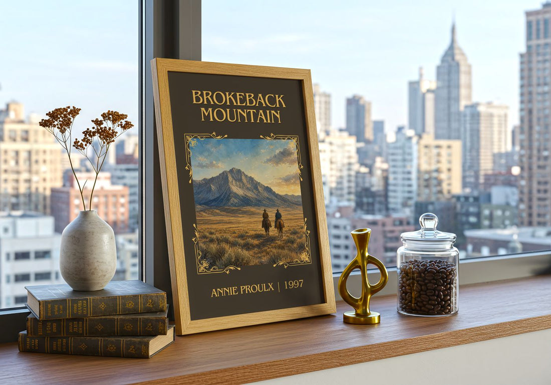 Brokeback Mountain Classic Book Art Print by Annie Proulx – framed print on a city-view windowsill
