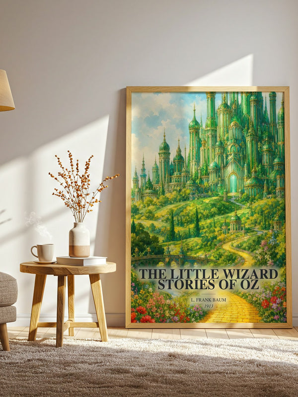 The Little Wizard Stories Of Oz watercolour print in frame leaning in hallway – childrens wall art
