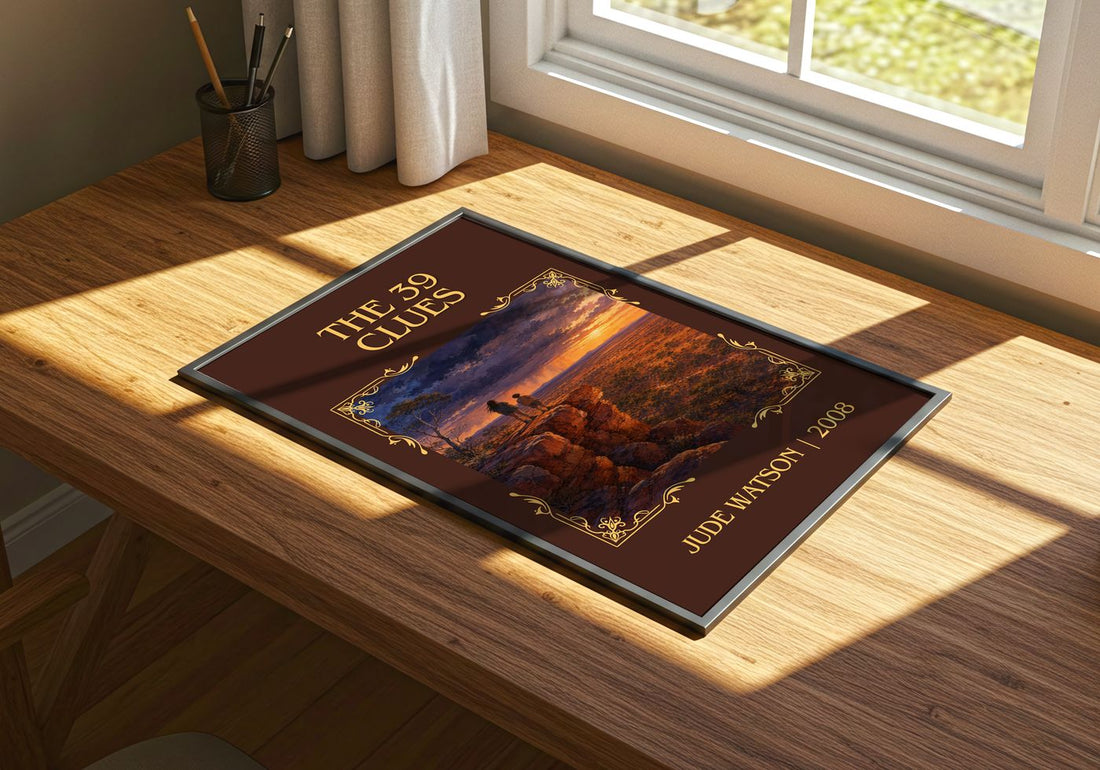 The 39 Clues Classic Book Art Print by Jude Watson – print on a sunlit desk