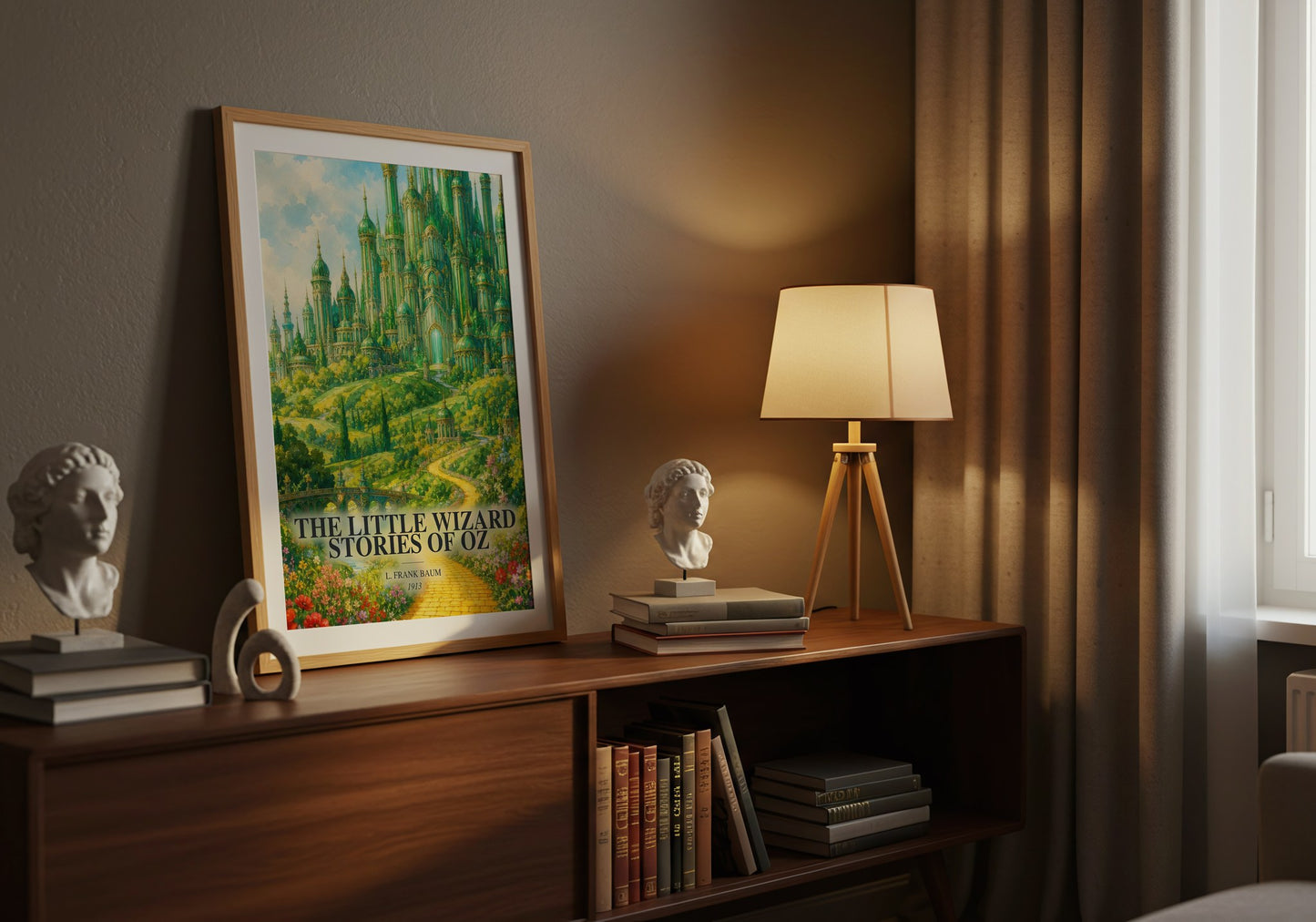 The Little Wizard Stories Of Oz watercolour print on bookshelf – L. Frank Baum fan gift