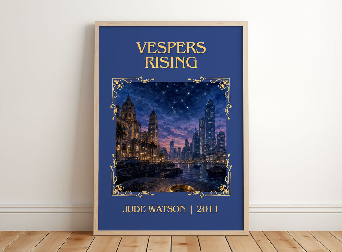 Vespers Rising Classic Book Art Print by Jude Watson – framed print leaning on a wooden floor