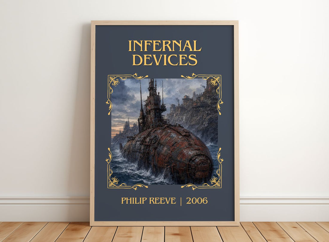 Infernal devices Classic Book Art Print by Philip Reeve – framed print leaning on a wooden floor