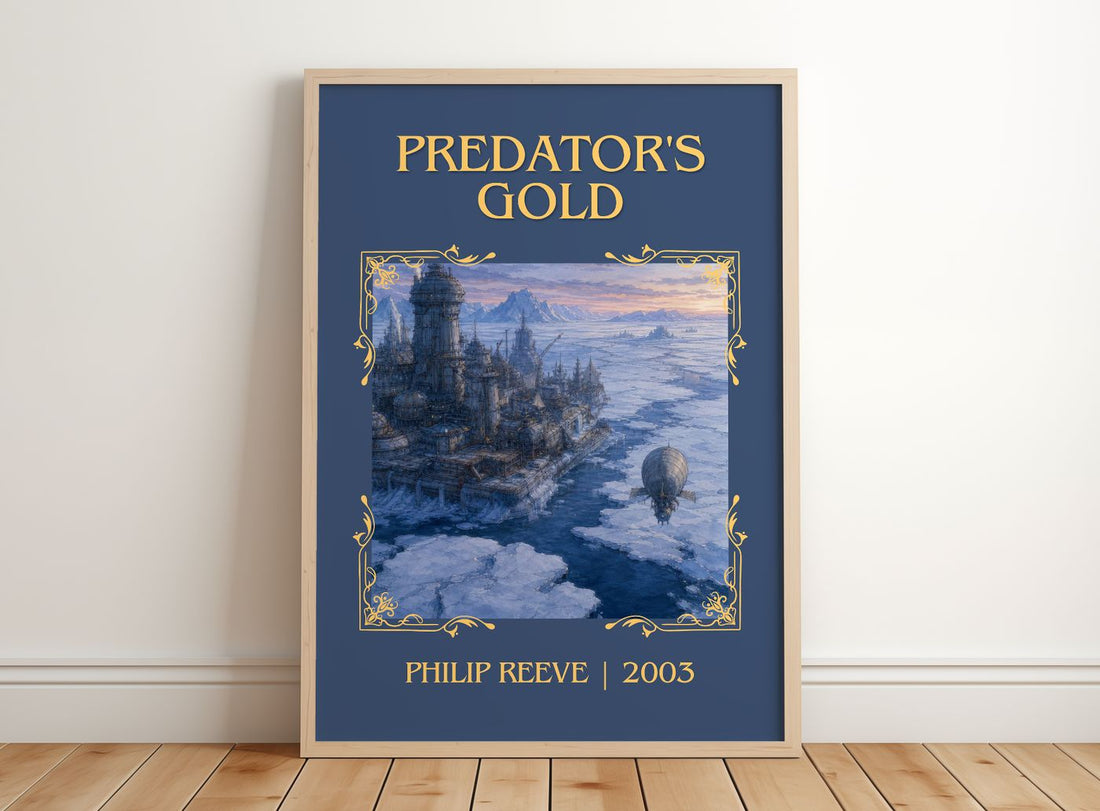 Predator's Gold Classic Book Art Print by Philip Reeve – framed print leaning on a wooden floor