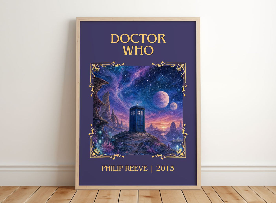 Doctor Who Classic Book Art Print by Philip Reeve – framed print leaning on a wooden floor