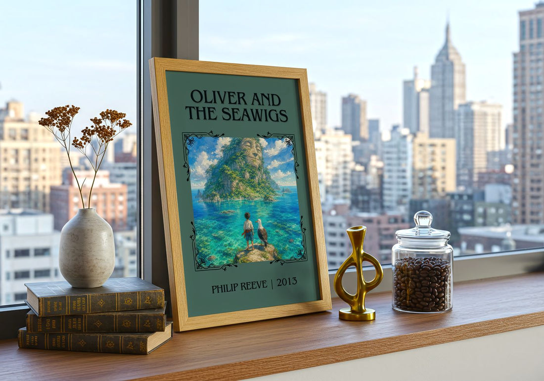Oliver And The Seawigs Classic Book Art Print by Philip Reeve – framed print on a city-view windowsill