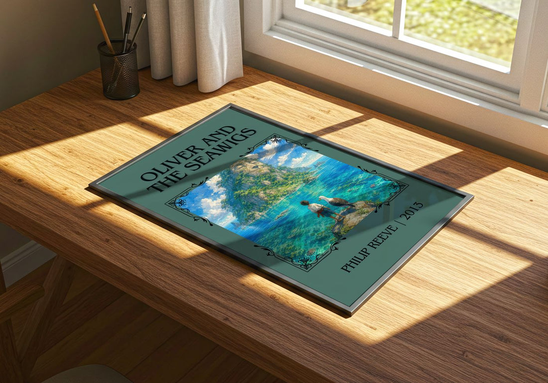 Oliver And The Seawigs Classic Book Art Print by Philip Reeve – print on a sunlit desk