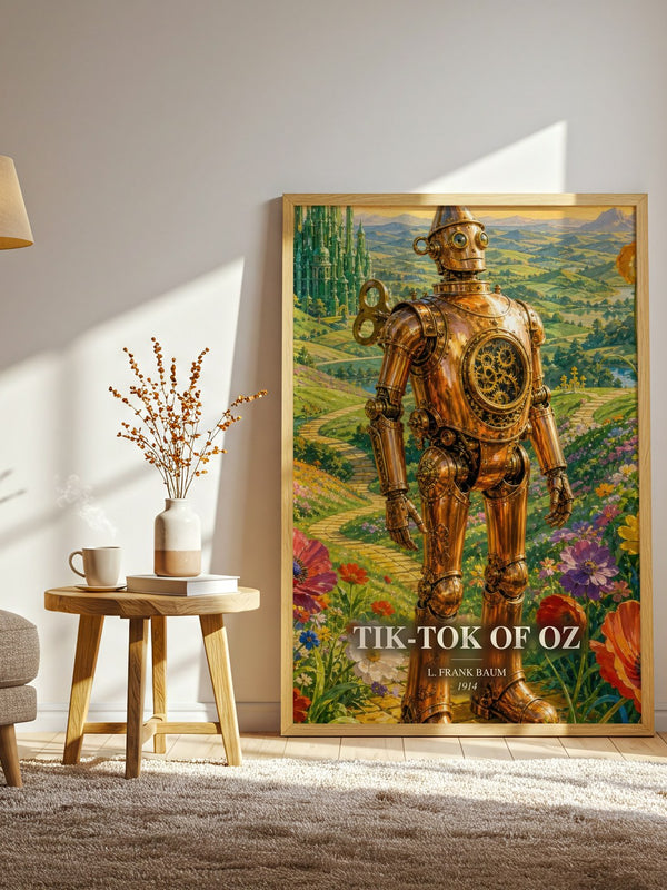 Tik-Tok Of Oz watercolour print in frame leaning in hallway – childrens wall art