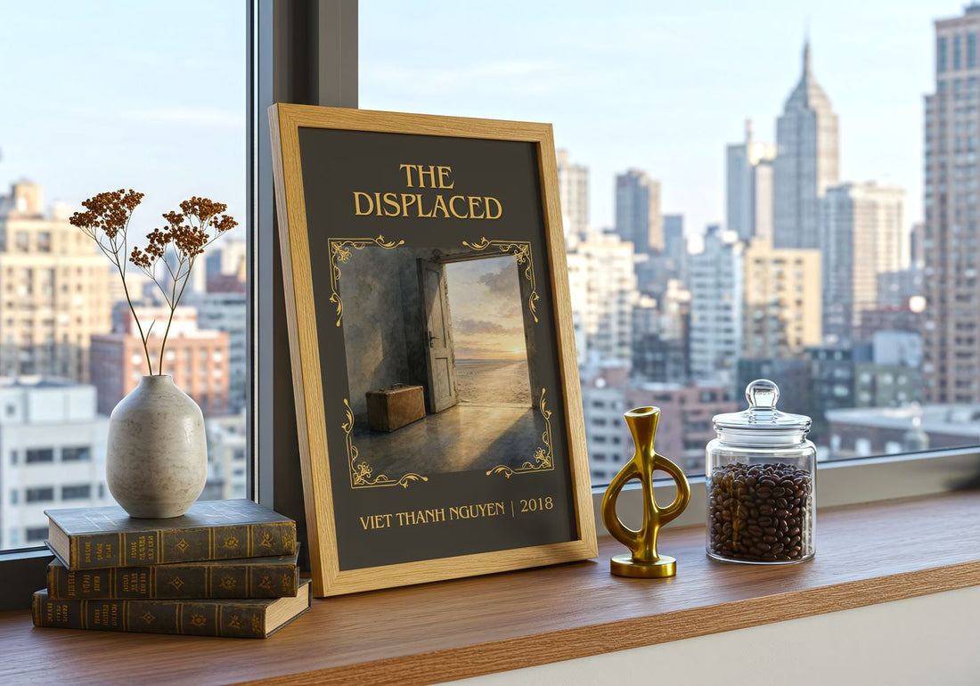 The Displaced Classic Book Art Print by Viet Thanh Nguyen – framed print on a city-view windowsill