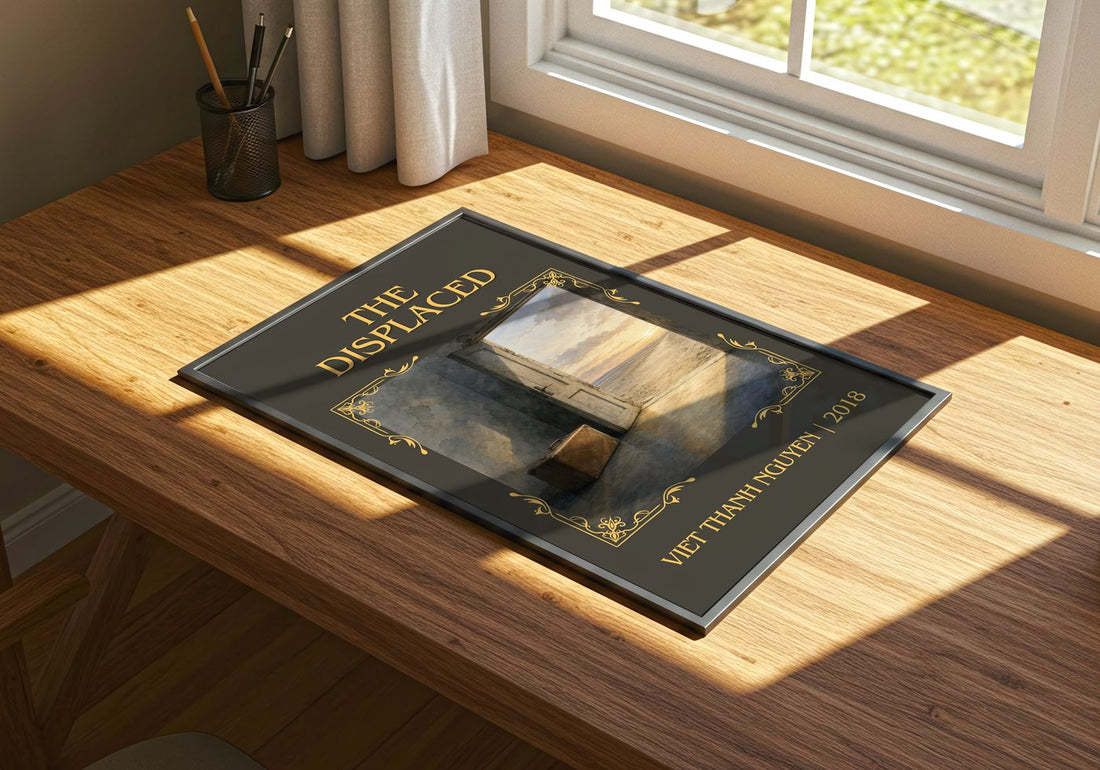 The Displaced Classic Book Art Print by Viet Thanh Nguyen – print on a sunlit desk