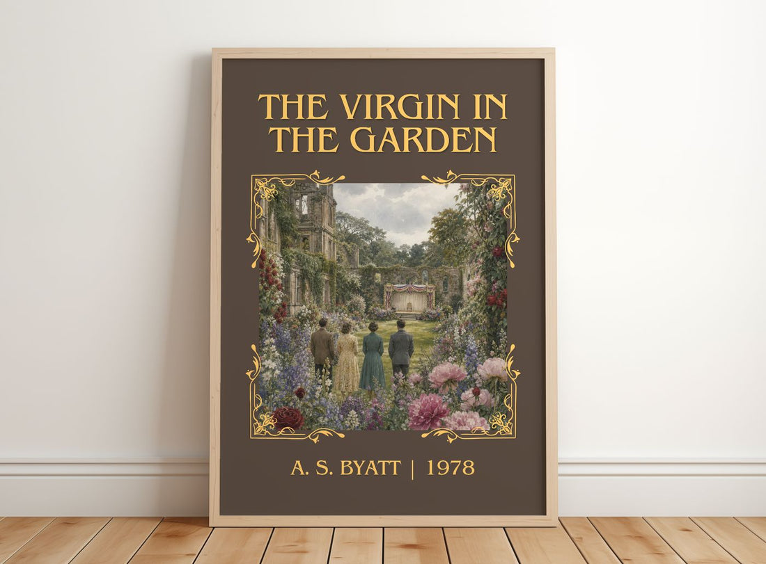 The virgin in the garden Classic Book Art Print by A. S. Byatt – framed print leaning on a wooden floor