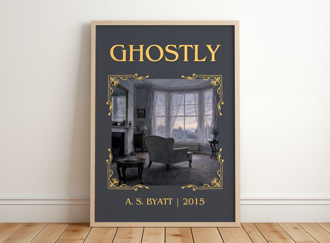 Ghostly Classic Book Art Print by A. S. Byatt – framed print leaning on a wooden floor