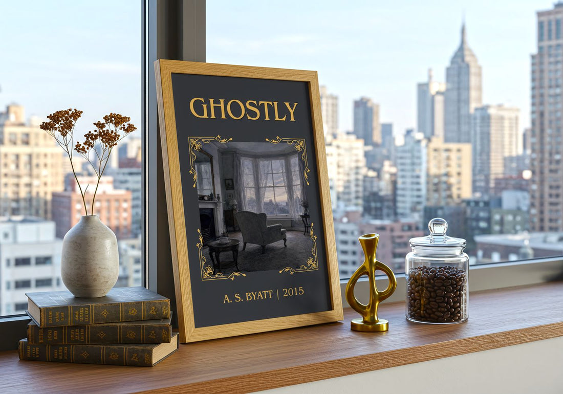 Ghostly Classic Book Art Print by A. S. Byatt – framed print on a city-view windowsill