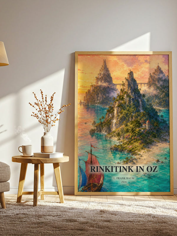 Rinkitink In Oz watercolour print in frame leaning in hallway – childrens wall art