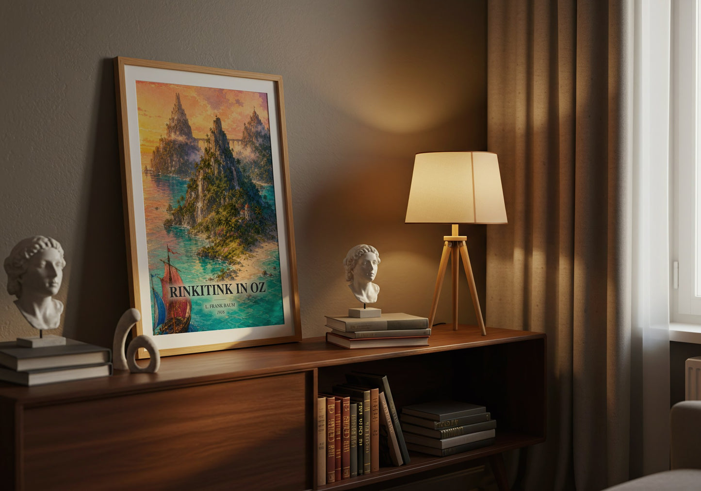 Rinkitink In Oz watercolour print on bookshelf – L. Frank Baum fan gift