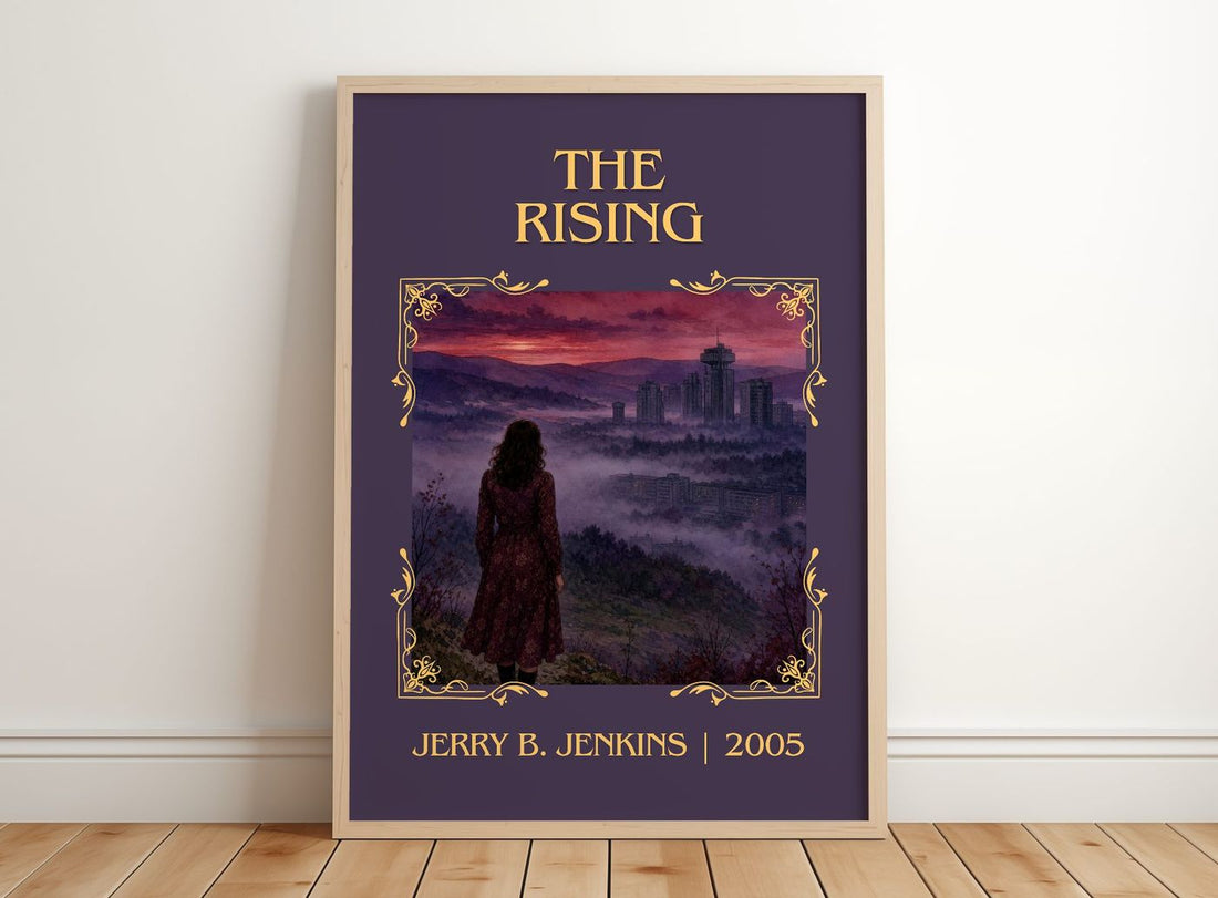 The Rising Classic Book Art Print by Jerry B. Jenkins – framed print leaning on a wooden floor