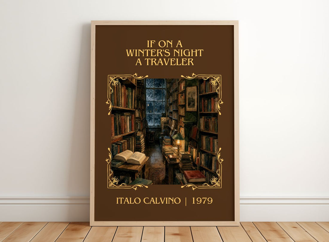 If on a Winter's Night a Traveler Classic Book Art Print by I. Calvino – framed print leaning on a wooden floor