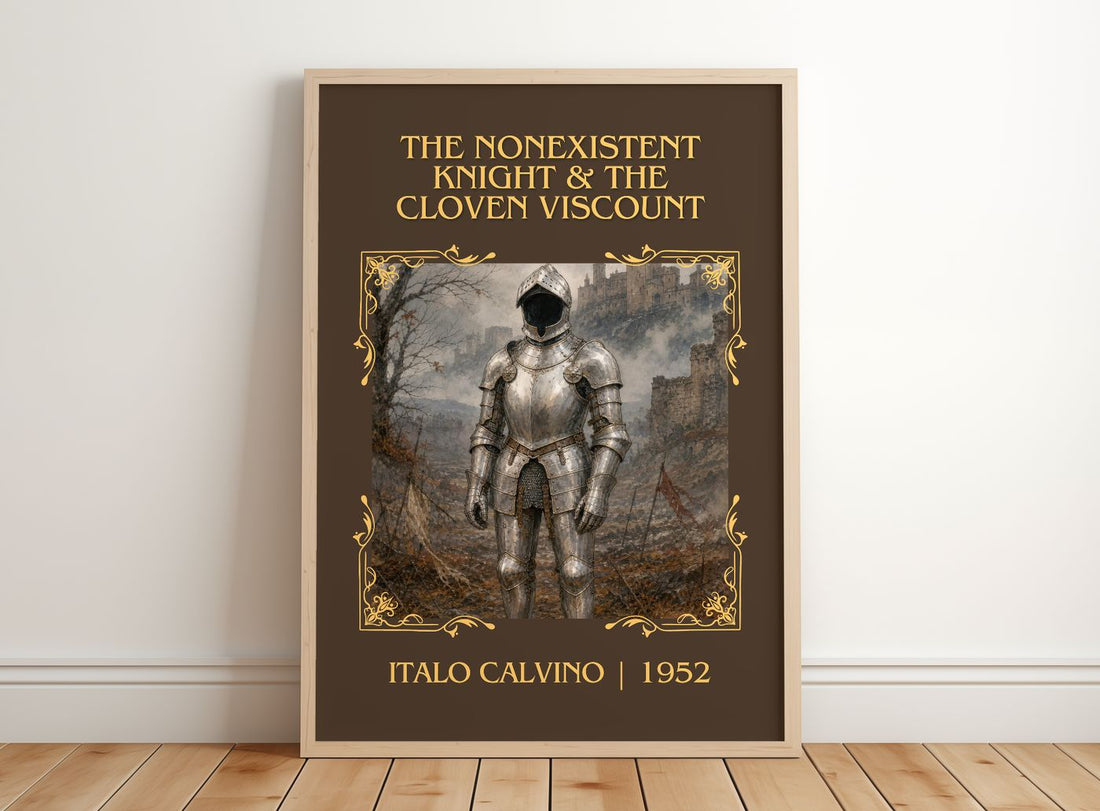The nonexistent knight & The cloven viscount Classic Book Art Print by Italo Calvino – framed print leaning on a wooden floor