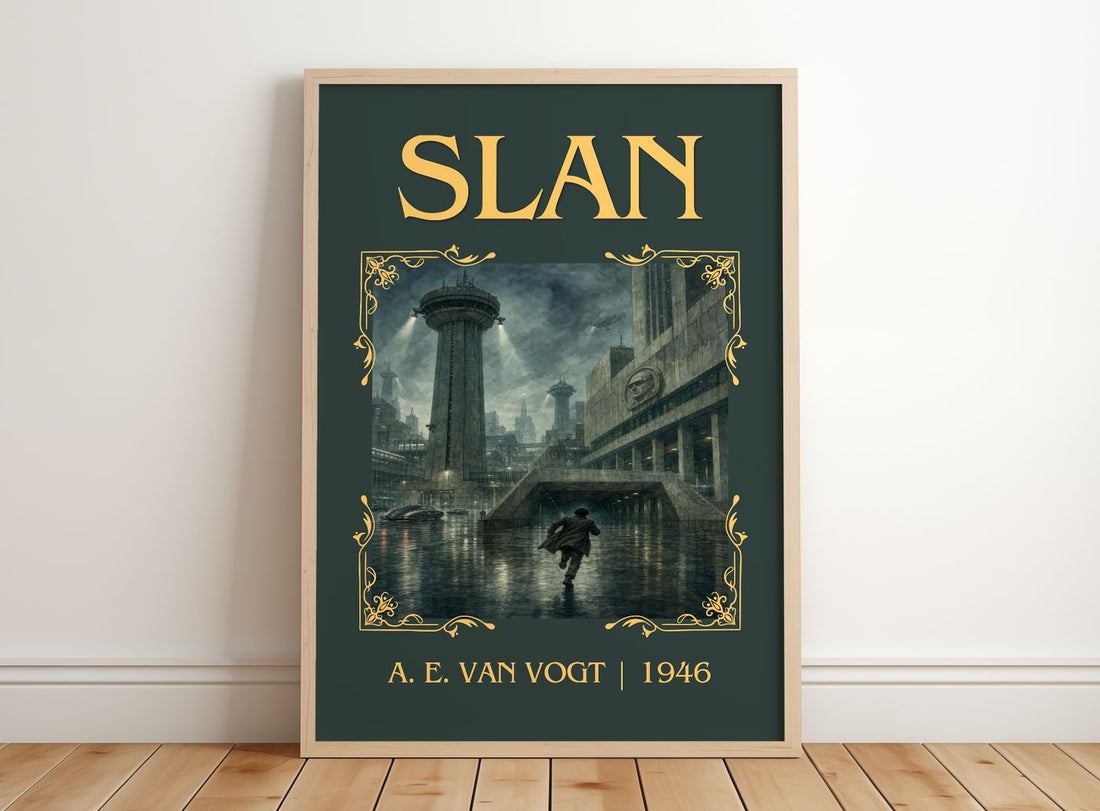 Slan Classic Book Art Print by A. E. van Vogt – framed print leaning on a wooden floor