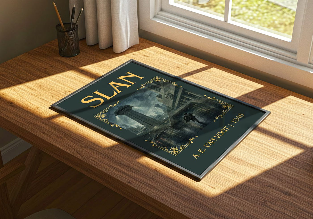 Slan Classic Book Art Print by A. E. van Vogt – print on a sunlit desk