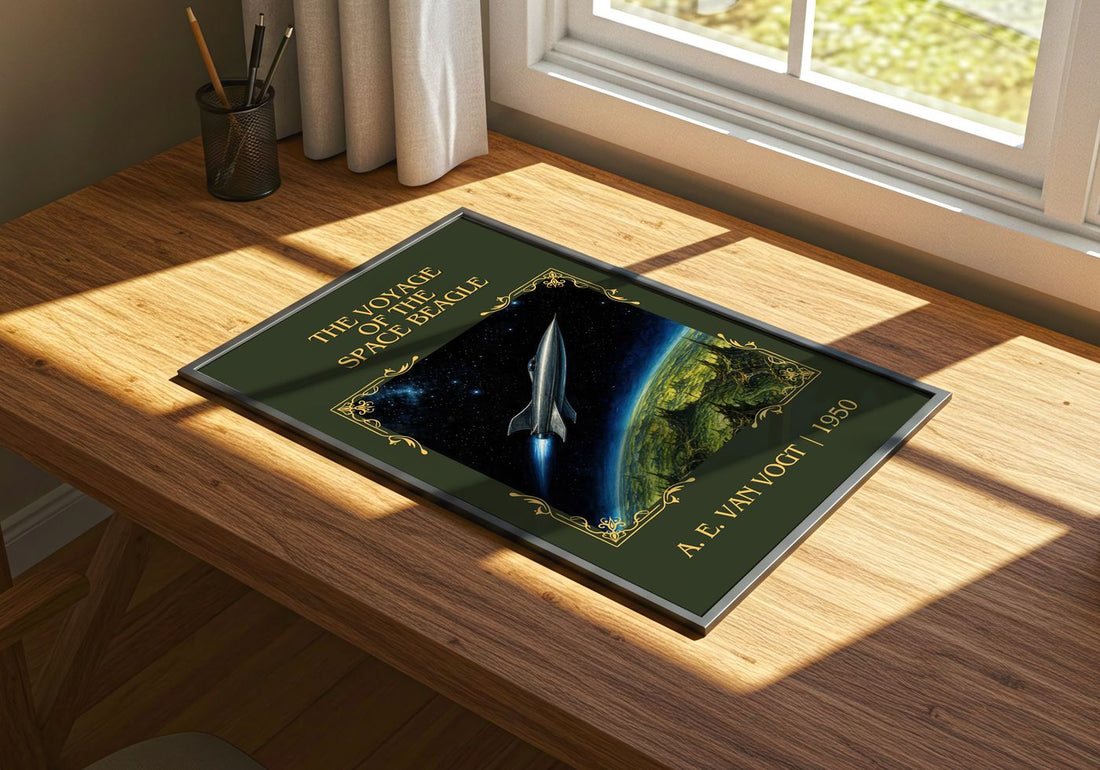 Voyage of the Space Beagle Classic Book Art Print by A. E. van Vogt – print on a sunlit desk