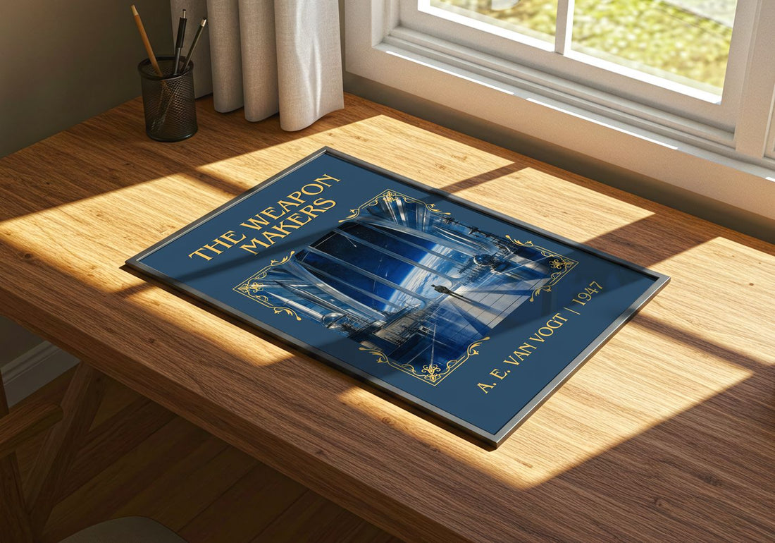 The Weapon Makers Classic Book Art Print by A. E. van Vogt – print on a sunlit desk
