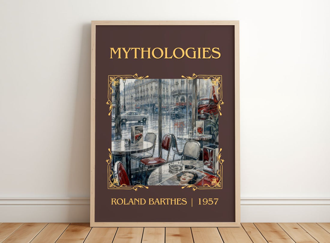 Mythologies Classic Book Art Print by Roland Barthes – framed print leaning on a wooden floor