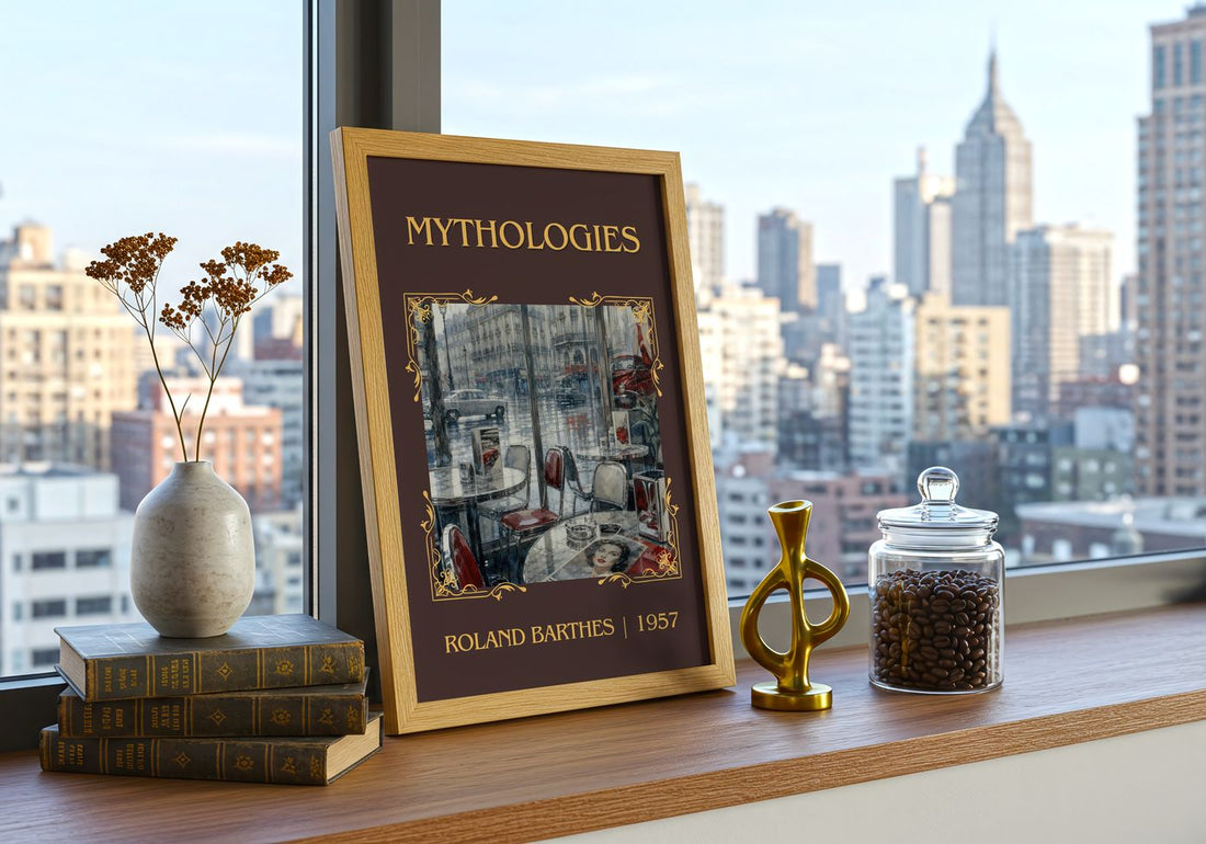 Mythologies Classic Book Art Print by Roland Barthes – framed print on a city-view windowsill