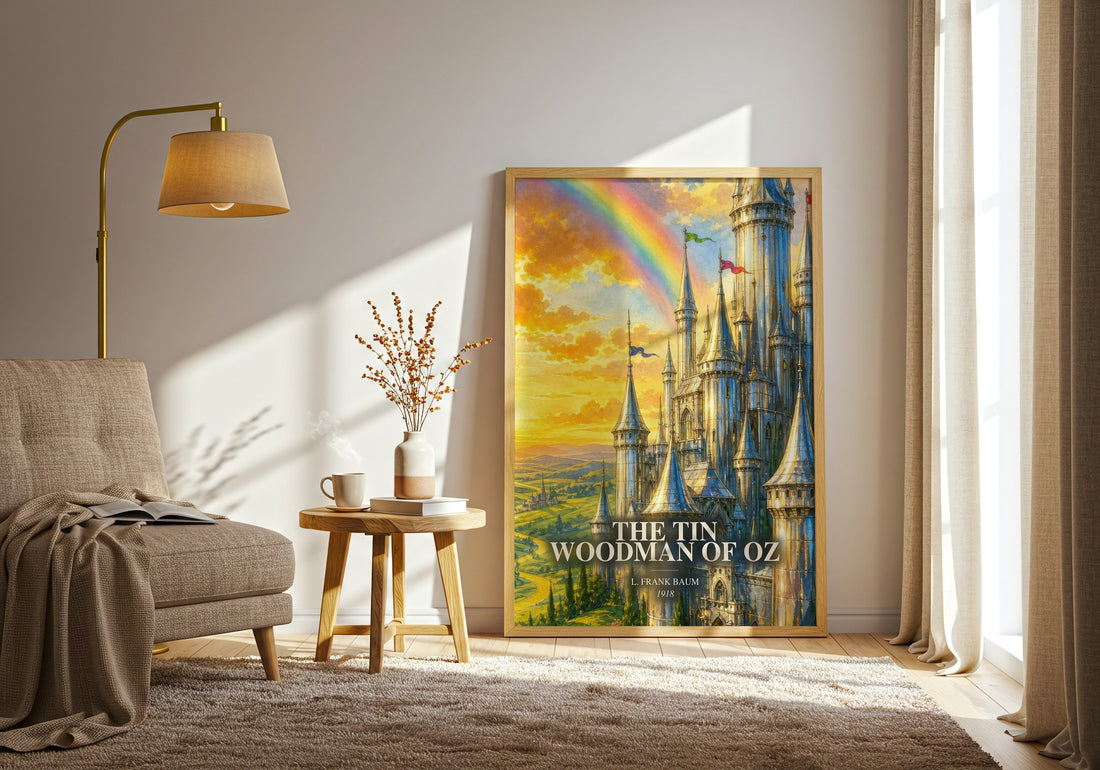 The Tin Woodman Of Oz watercolour print in frame leaning in hallway – childrens wall art (mockup)