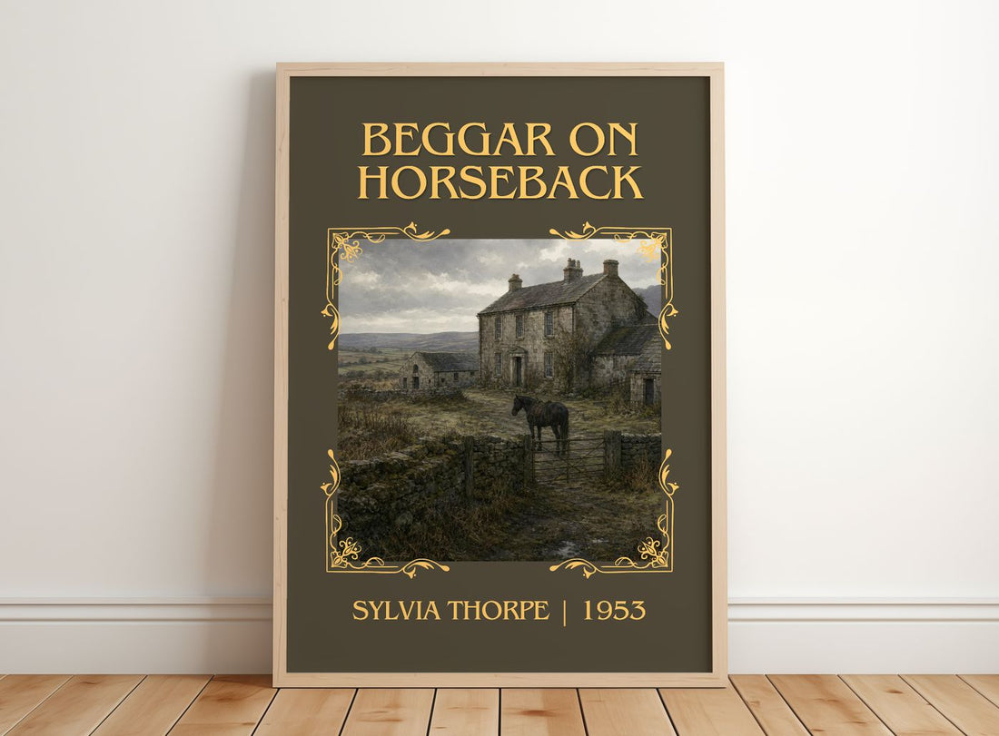 Beggar on Horseback Classic Book Art Print by Sylvia Thorpe – framed print leaning on a wooden floor