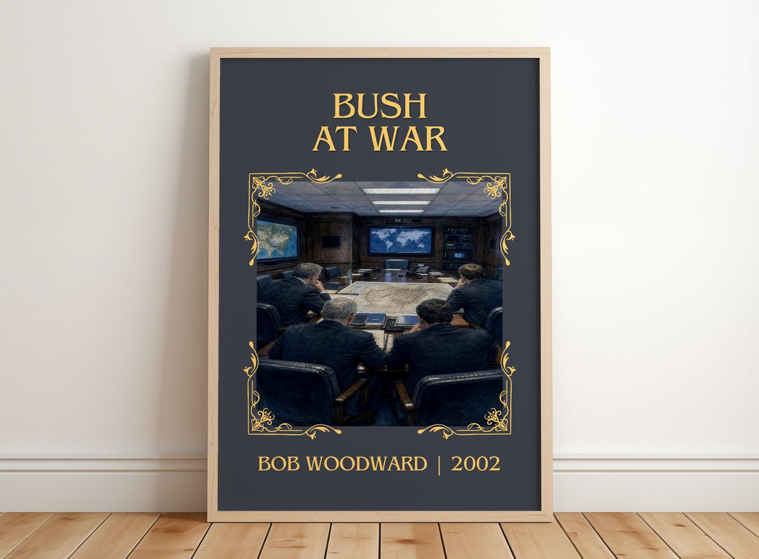 Bush at war Classic Book Art Print by Bob Woodward – framed print leaning on a wooden floor
