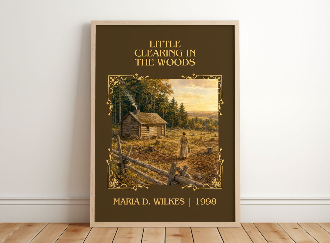 Little Clearing in the Woods Classic Book Art Print by Maria D. Wilkes – framed print leaning on a wooden floor