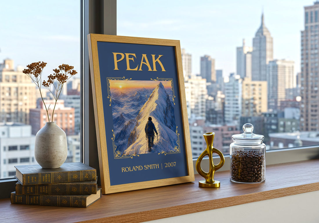 Peak Classic Book Art Print by Roland Smith – framed print on a city-view windowsill