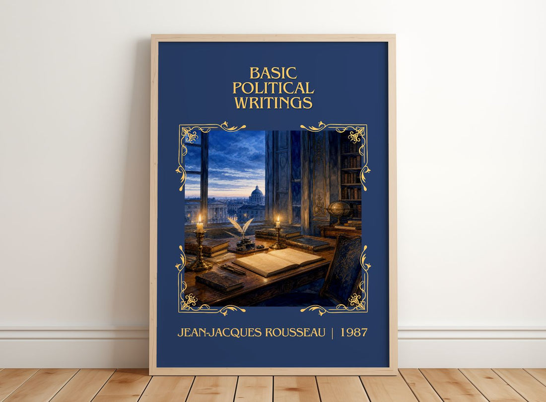 Basic political writings Classic Book Art Print by J. Rousseau – framed print leaning on a wooden floor