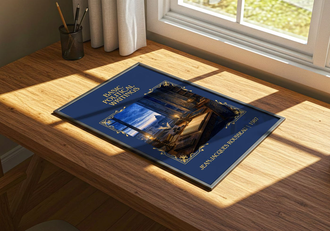 Basic political writings Classic Book Art Print by J. Rousseau – print on a sunlit desk