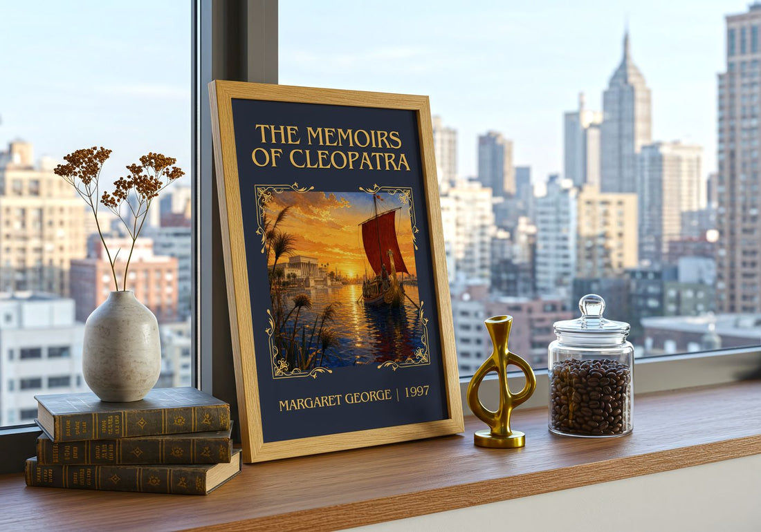 The Memoirs of Cleopatra Classic Book Art Print by Margaret George – framed print on a city-view windowsill