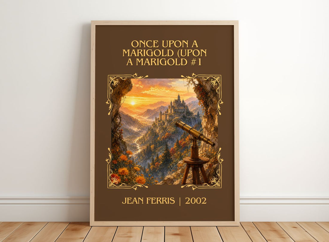 Once Upon A Marigold (Upon a Marigold #1 Classic Book Art Print by Jean Ferris – framed print leaning on a wooden floor