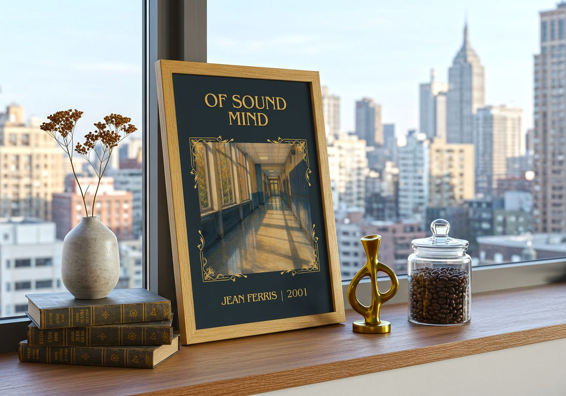 Of sound mind Classic Book Art Print by Jean Ferris – framed print on a city-view windowsill
