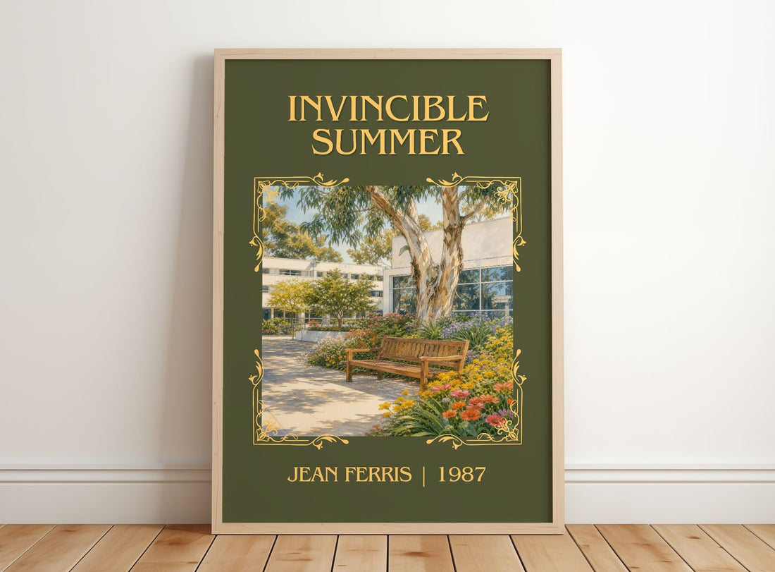Invincible Summer Classic Book Art Print by Jean Ferris – framed print leaning on a wooden floor