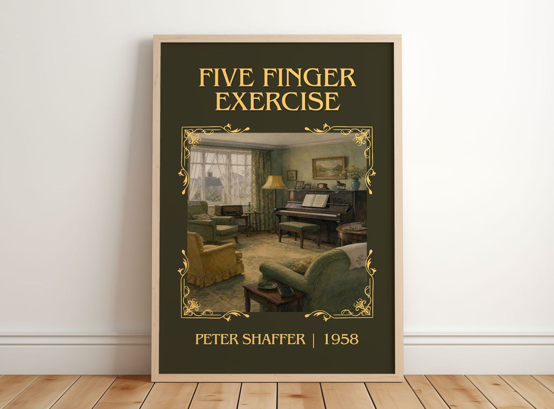 Five finger exercise Classic Book Art Print by Peter Shaffer – framed print leaning on a wooden floor
