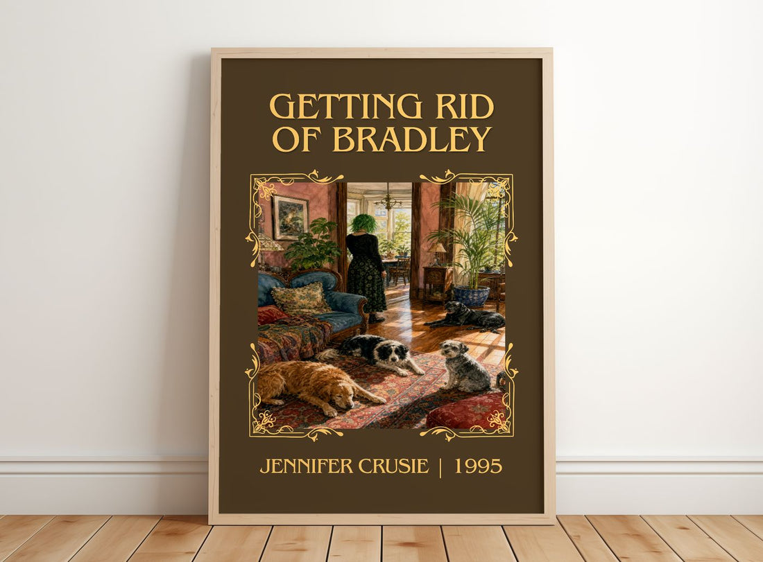 Getting rid of Bradley Classic Book Art Print by Jennifer Crusie – framed print leaning on a wooden floor